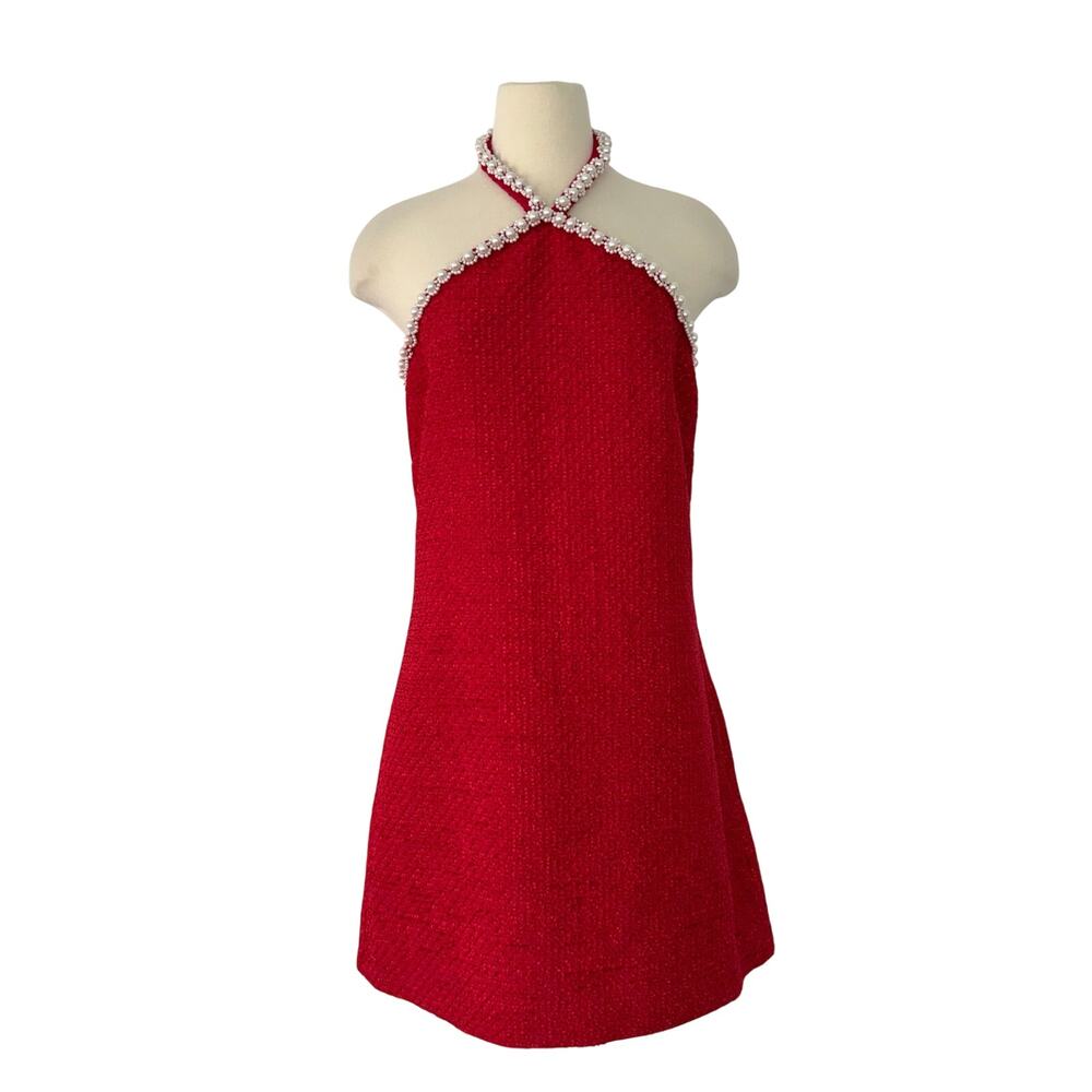 Hyacinth House Tuckernuck Tweed and Pearl Petra Mini Dress Halter Neck Red L